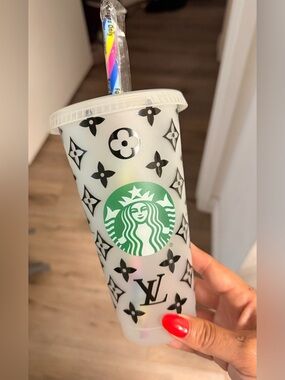 Starbucks White Frosted Cup with Black Monogram Print and Green Logo